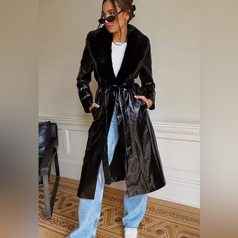 DANIELLE BERNSTEIN Black Faux Leather Coat